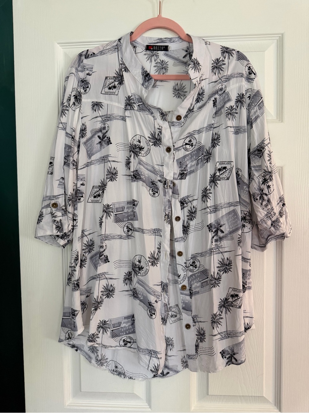 Bonza Palm Print Button-Up Shirt in White & Black